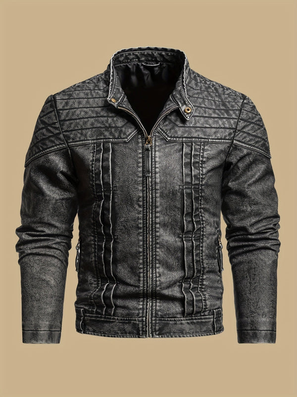 GRAHAM | MEN'S DISTRESSED MOTO JACKET, TEXTURED FAUX LEATHER CASUAL BIKER JACKET - Zarino Newstyle
