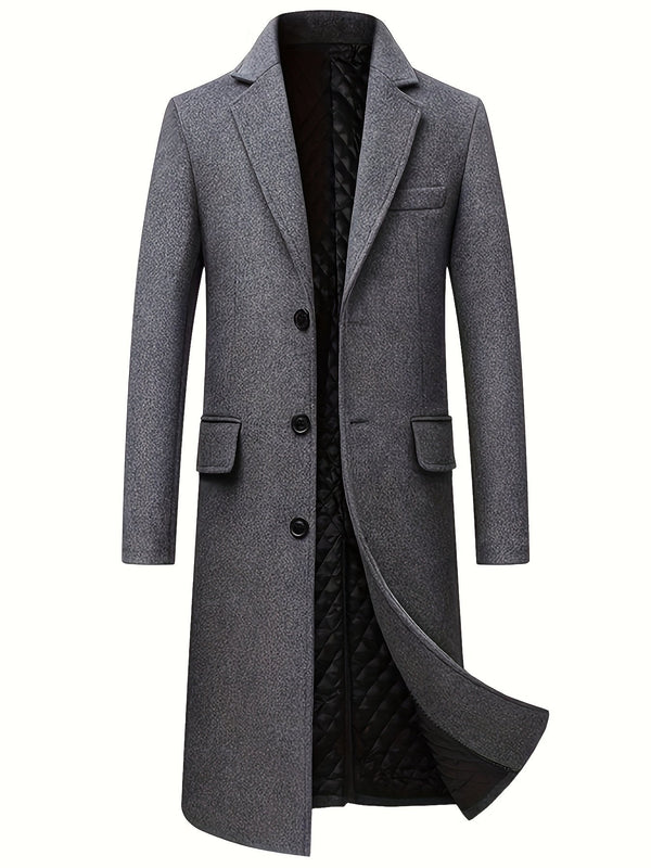 WESLEY | MEN'S LONG WOOL BLEND OVERCOAT, TAILORED SINGLE-BREASTED WINTER COAT – GREY