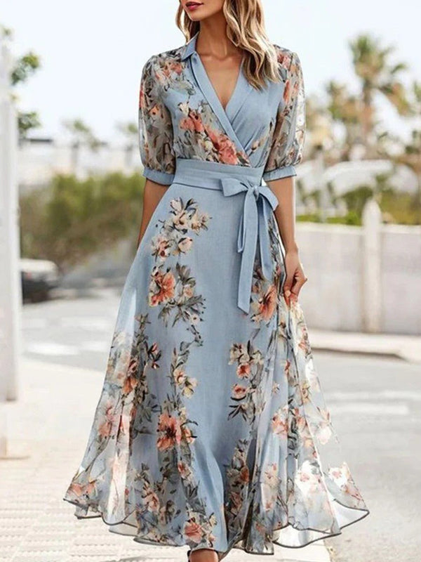 WOMEN'S SUMMER FLORAL PRINT V - NECK MIDI DRESS - Zarino Newstyle
