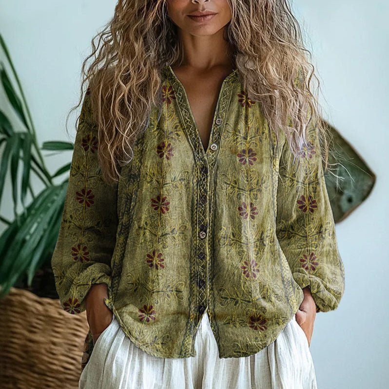 BRIANNA | WOMEN'S BUTTON-FRONT PRINTED BLOUSE, RELAXED VINTAGE LEAF PRINT LIGHTWEIGHT SHIRT - Zarino Newstyle
