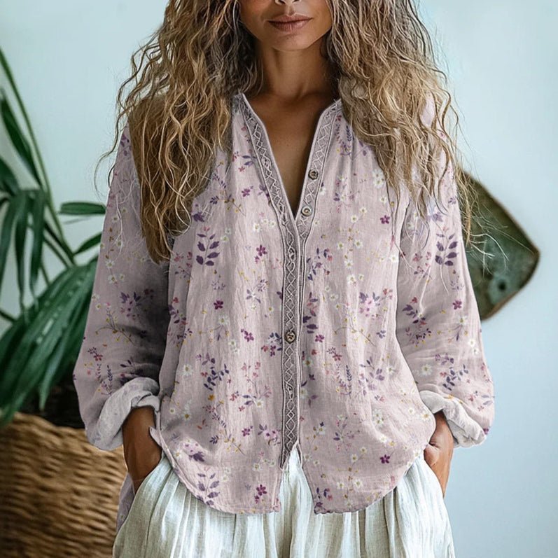 BRIANNA | WOMEN'S BUTTON-FRONT PRINTED BLOUSE, RELAXED VINTAGE LEAF PRINT LIGHTWEIGHT SHIRT - Zarino Newstyle