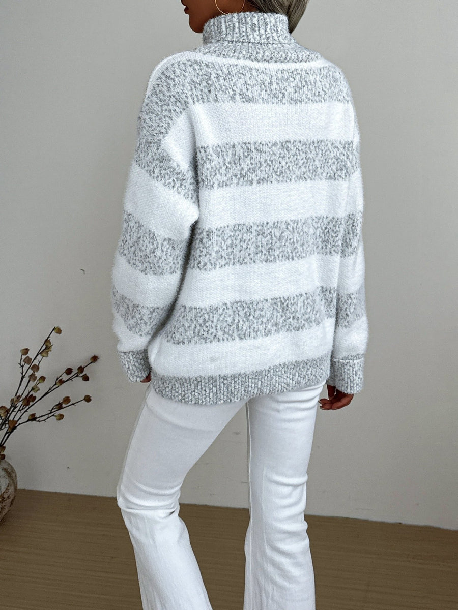 ELOWEN | WOMEN'S STRIPED HIGH-NECK KNIT SWEATER, RELAXED COZY WINTER PULLOVER – GREY - Zarino Newstyle
