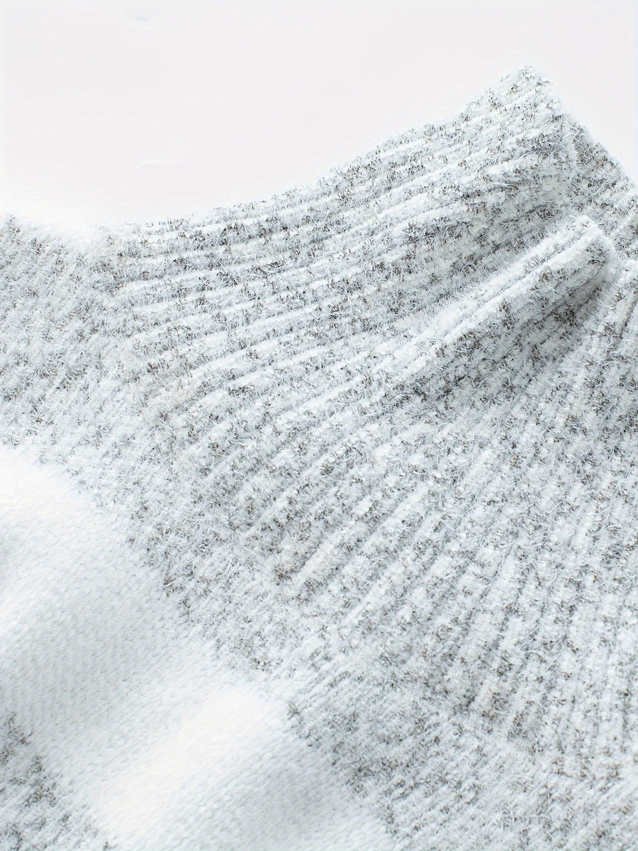 ELOWEN | WOMEN'S STRIPED HIGH-NECK KNIT SWEATER, RELAXED COZY WINTER PULLOVER – GREY - Zarino Newstyle