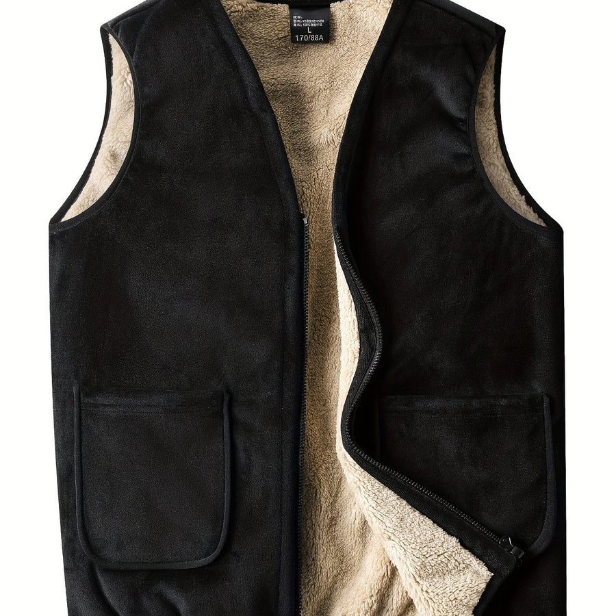 EVERETT | MEN'S SHERPA-LINED UTILITY VEST, SLEEVELESS FAUX LEATHER WINTER LAYER – BLACK - Zarino Newstyle