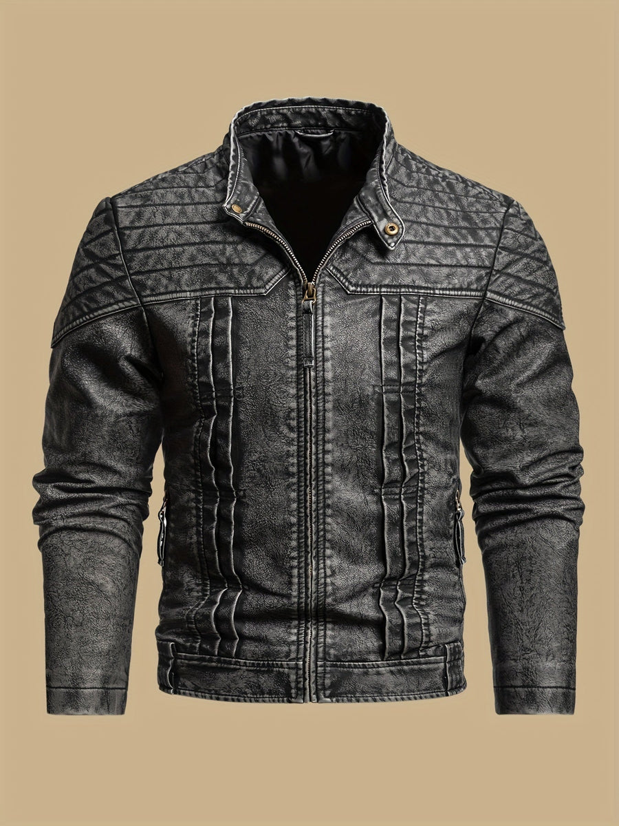 GRAHAM | MEN'S DISTRESSED MOTO JACKET, TEXTURED FAUX LEATHER CASUAL BIKER JACKET - Zarino Newstyle