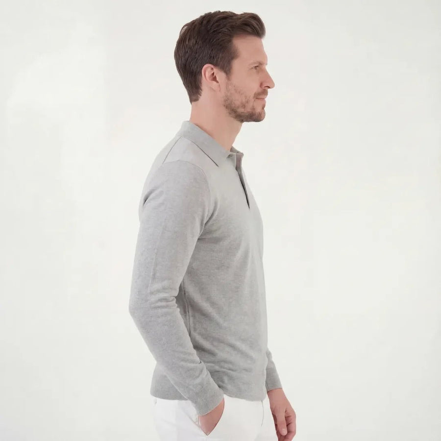 GRAYSON | MEN'S SLIM-FIT LONG-SLEEVE POLO SHIRT, LIGHTWEIGHT KNIT SMART-CASUAL TOP – GREY - Zarino Newstyle