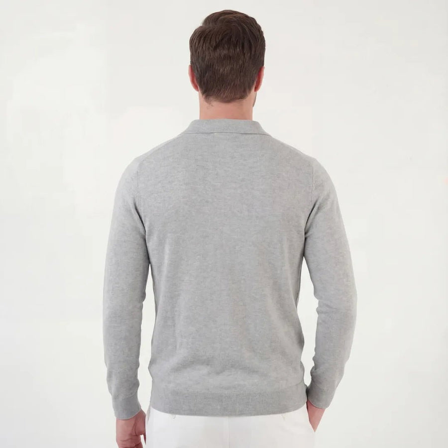 GRAYSON | MEN'S SLIM-FIT LONG-SLEEVE POLO SHIRT, LIGHTWEIGHT KNIT SMART-CASUAL TOP – GREY - Zarino Newstyle