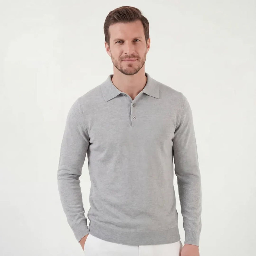 GRAYSON | MEN'S SLIM-FIT LONG-SLEEVE POLO SHIRT, LIGHTWEIGHT KNIT SMART-CASUAL TOP – GREY - Zarino Newstyle