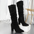 MAREN | WOMEN'S SLOUCH KNEE-HIGH HEELED BOOTS, FAUX SUEDE BLOCK HEEL WINTER BOOTS – BLACK - Zarino Newstyle