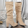 MAREN | WOMEN'S SLOUCH KNEE-HIGH HEELED BOOTS, FAUX SUEDE BLOCK HEEL WINTER BOOTS – BLACK - Zarino Newstyle