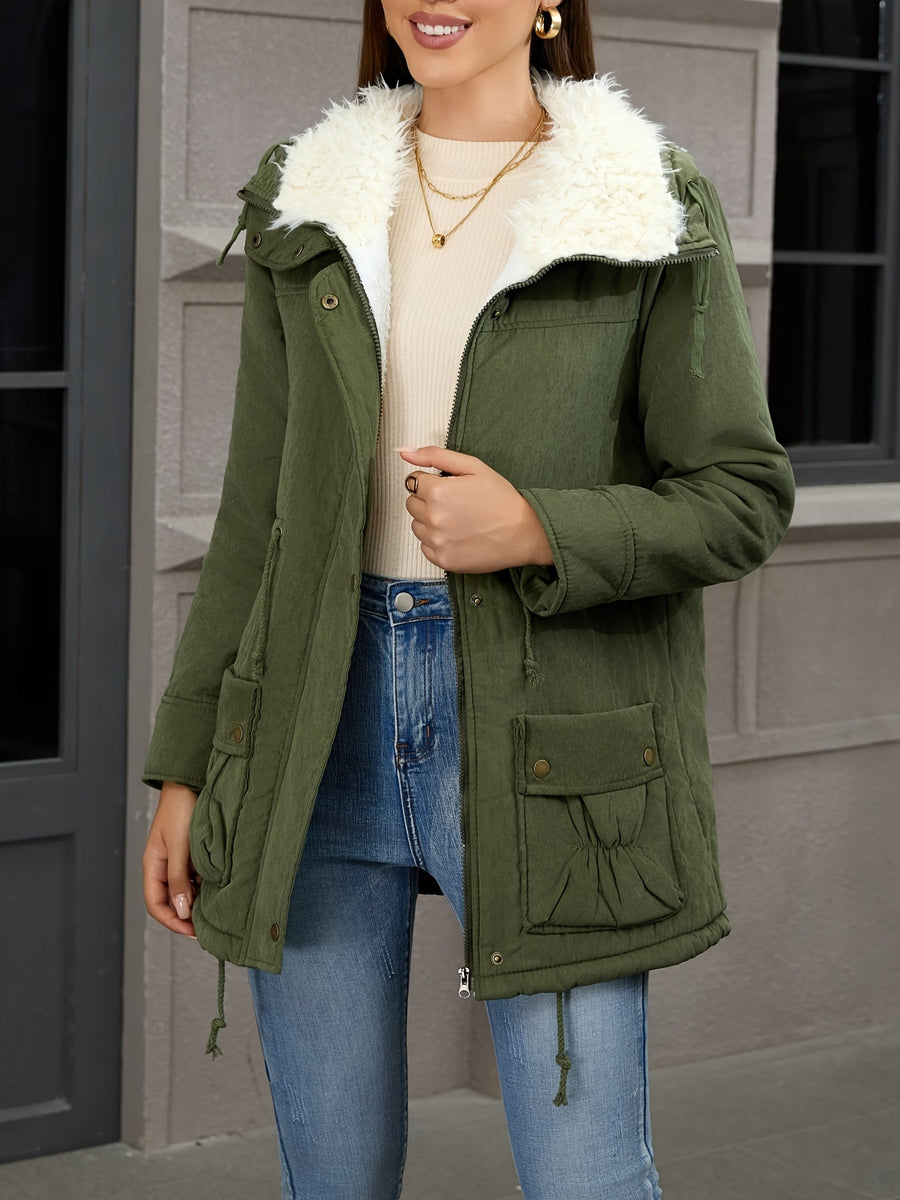 MARIBEL | WOMEN'S FAUX FUR COLLAR MID-LENGTH PARKA, DRAWSTRING WAIST WINTER COAT - Zarino Newstyle
