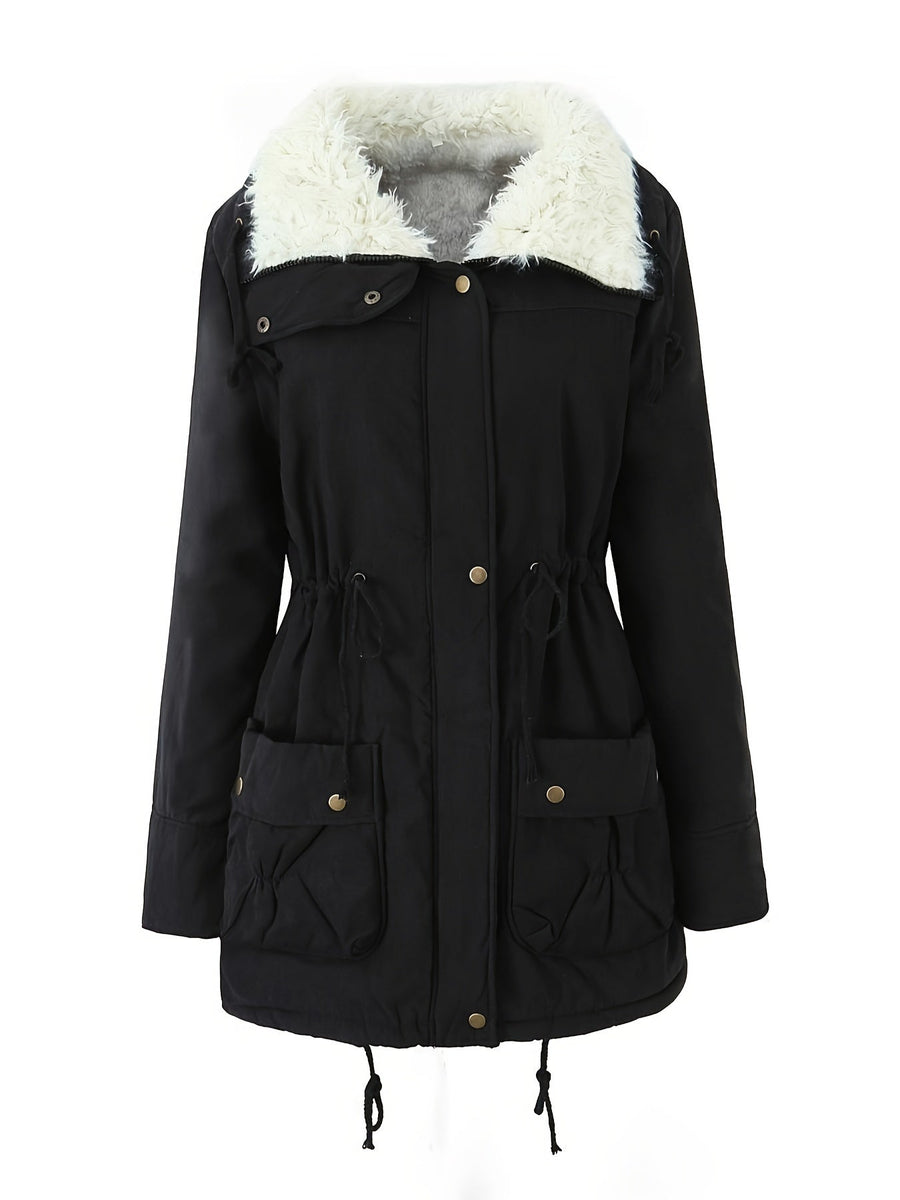 MARIBEL | WOMEN'S FAUX FUR COLLAR MID-LENGTH PARKA, DRAWSTRING WAIST WINTER COAT - Zarino Newstyle