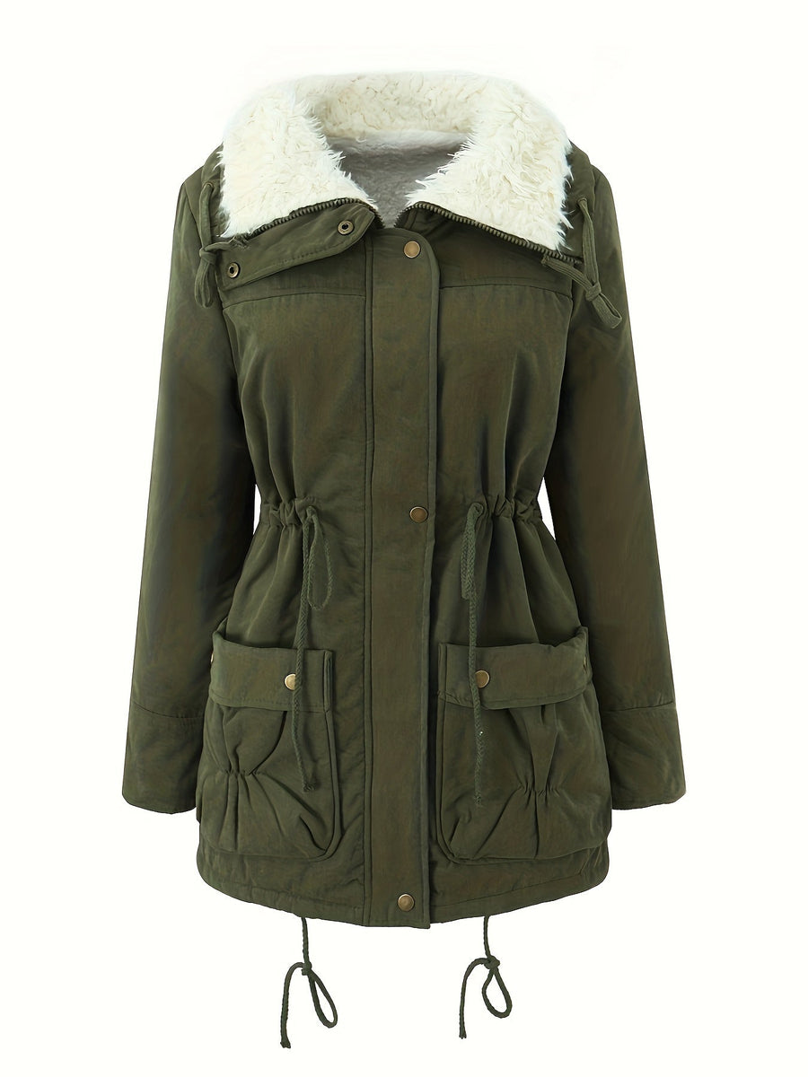 MARIBEL | WOMEN'S FAUX FUR COLLAR MID-LENGTH PARKA, DRAWSTRING WAIST WINTER COAT - Zarino Newstyle