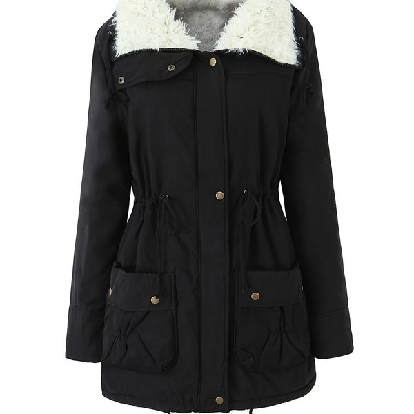 MARIBEL | WOMEN'S FAUX FUR COLLAR MID-LENGTH PARKA, DRAWSTRING WAIST WINTER COAT - Zarino Newstyle