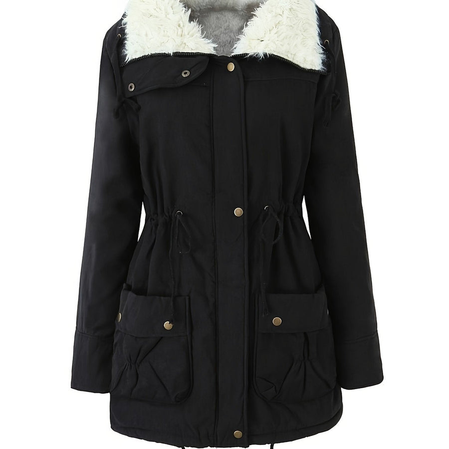 MARIBEL | WOMEN'S FAUX FUR COLLAR MID-LENGTH PARKA, DRAWSTRING WAIST WINTER COAT - Zarino Newstyle