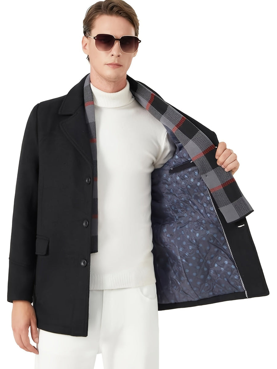 SILAS | MEN'S TAILORED SINGLE-BREASTED OVERCOAT, NOTCHED LAPEL WINTER COAT WITH DETACHABLE SCARF – BLACK - Zarino Newstyle