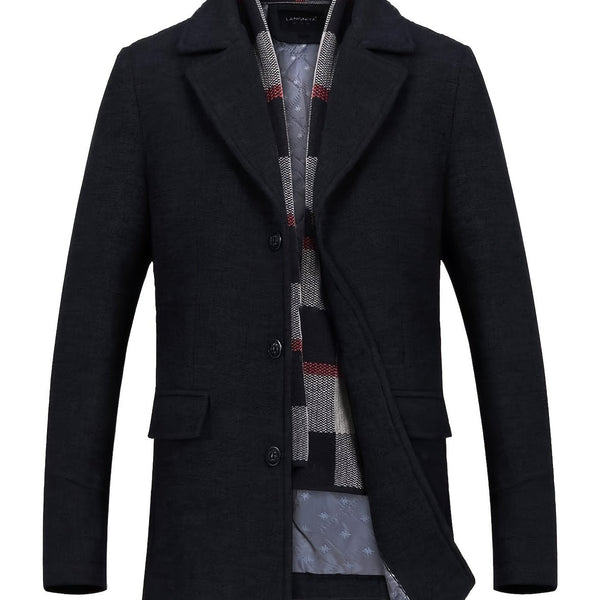 SILAS | MEN'S TAILORED SINGLE-BREASTED OVERCOAT, NOTCHED LAPEL WINTER COAT WITH DETACHABLE SCARF – BLACK - Zarino Newstyle