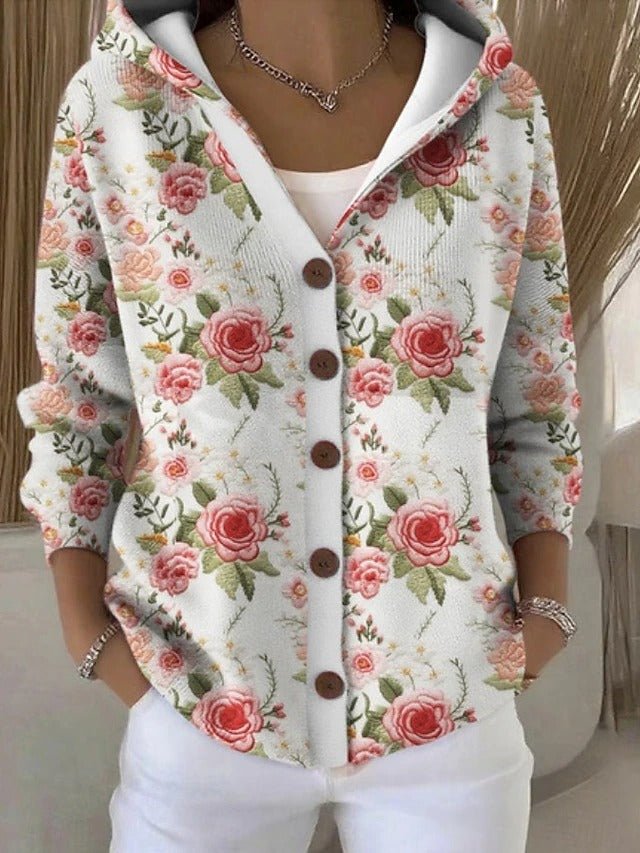 SOPHIA | WOMEN'S BUTTON-FRONT HOODED CARDIGAN, RELAXED PATCHWORK KNIT SWEATER - Zarino Newstyle