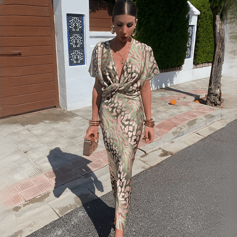 WOMEN'S ABSTRACT PRINT TWIST - FRONT SUMMER MAXI DRESS - Zarino Newstyle