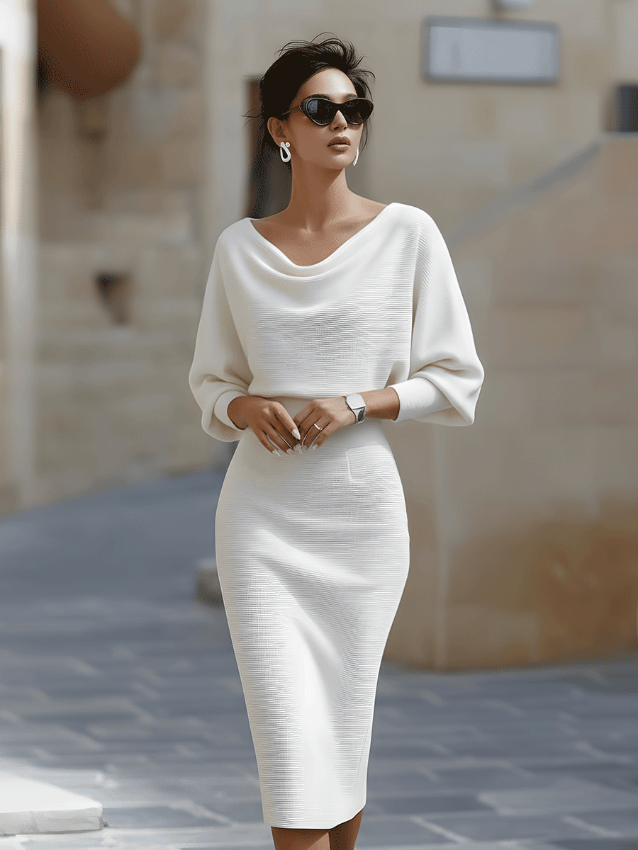 WOMEN'S BATWING SLEEVE COWL NECK MIDI DRESS - Zarino Newstyle