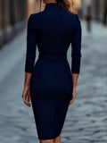 WOMEN'S BELTED SHEATH DRESS WITH MANDARIN COLLAR - Zarino Newstyle