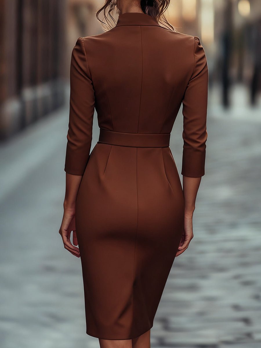 WOMEN'S BELTED SHEATH DRESS WITH MANDARIN COLLAR - Zarino Newstyle