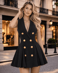 WOMEN'S BLACK GOLD BUTTON PLEATED FLARE MINI DRESS - Zarino Newstyle