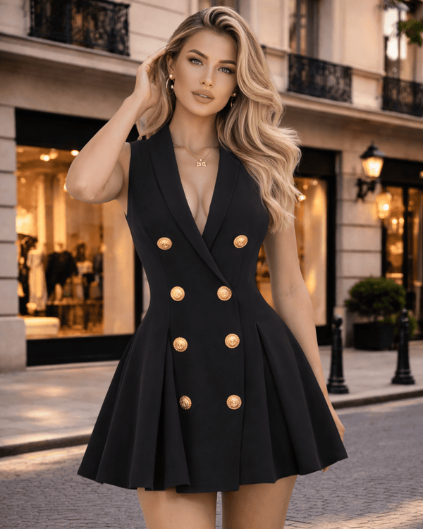 WOMEN'S BLACK GOLD BUTTON PLEATED FLARE MINI DRESS - Zarino Newstyle