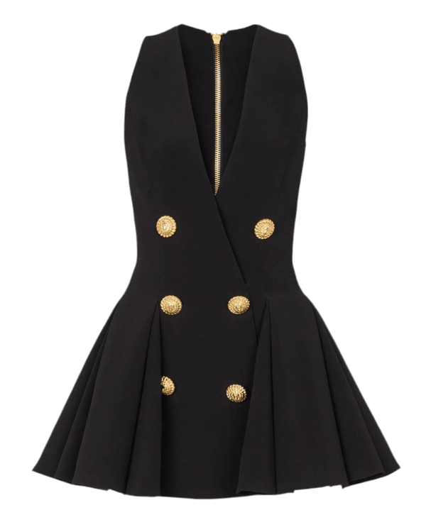 WOMEN'S BLACK GOLD BUTTON PLEATED FLARE MINI DRESS