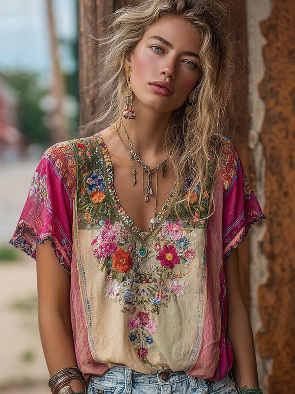 WOMEN'S BOHO FLORAL EMBROIDERY V - NECK SUMMER TOP - Zarino Newstyle
