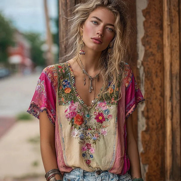 WOMEN'S BOHO FLORAL EMBROIDERY V-NECK SUMMER TOP
