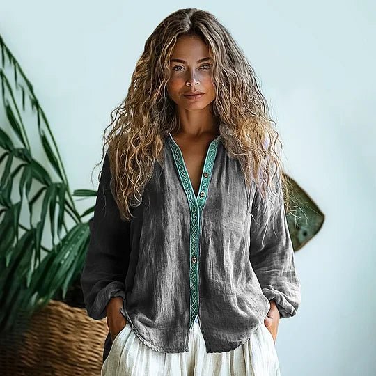 WOMEN'S BOHO V-NECK BUTTON FRONT BLOUSE