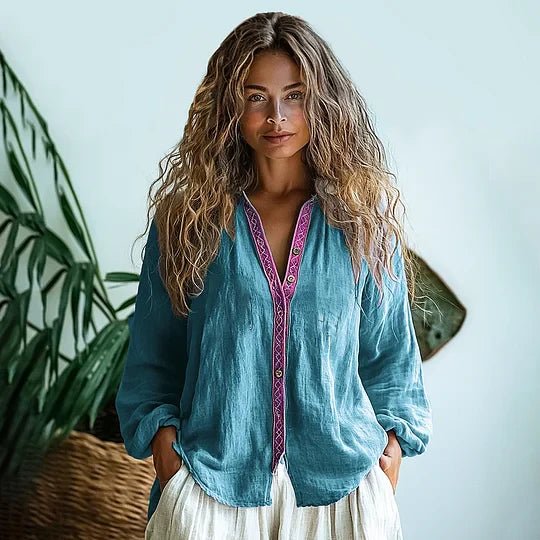WOMEN'S BOHO V - NECK BUTTON FRONT BLOUSE - Zarino Newstyle