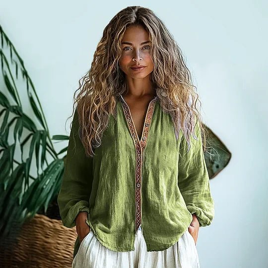 WOMEN'S BOHO V - NECK BUTTON FRONT BLOUSE - Zarino Newstyle