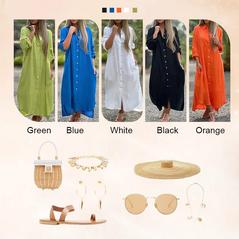 WOMEN'S BUTTON - DOWN LONG SLEEVE MAXI SUMMER DRESS - Zarino Newstyle