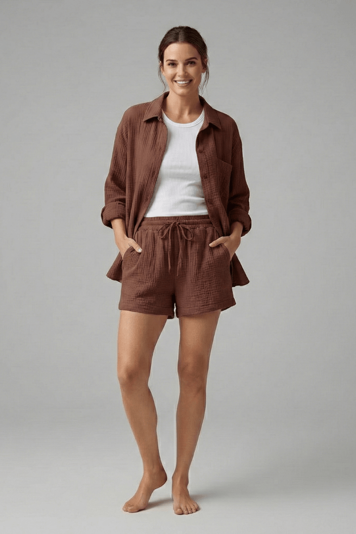 WOMEN'S BUTTON SHIRT & DRAWSTRING SHORTS SUMMER SET - Zarino Newstyle