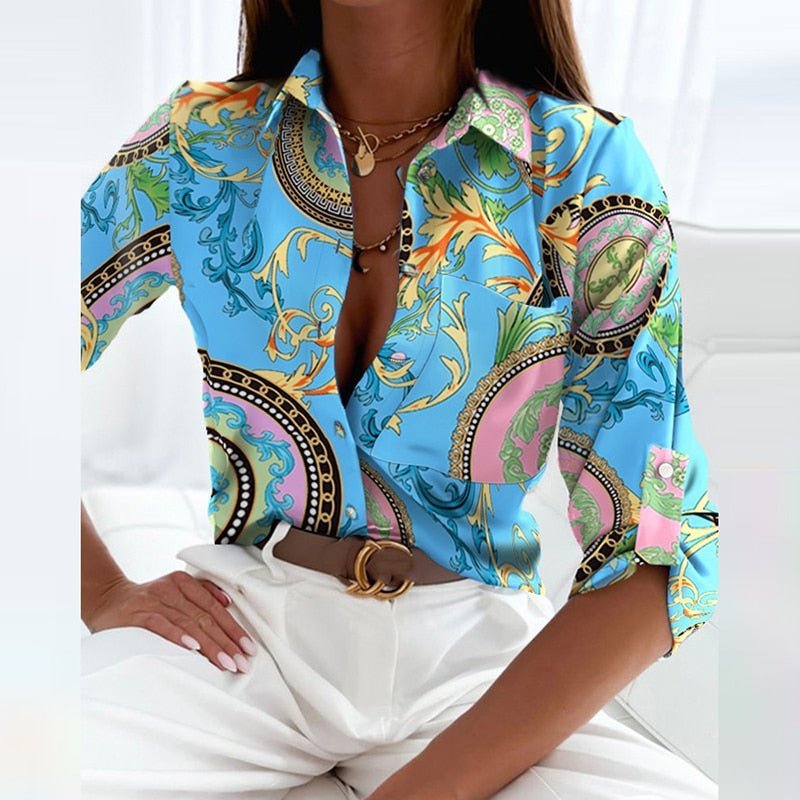 WOMEN'S CLASSIC COLLAR PRINTED SUMMER BLOUSE - Zarino Newstyle