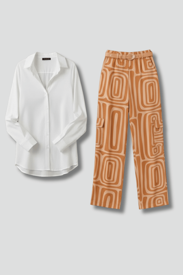 WOMEN'S COLLARED BLOUSE & PRINTED WIDE LEG TROUSER SET - Zarino Newstyle