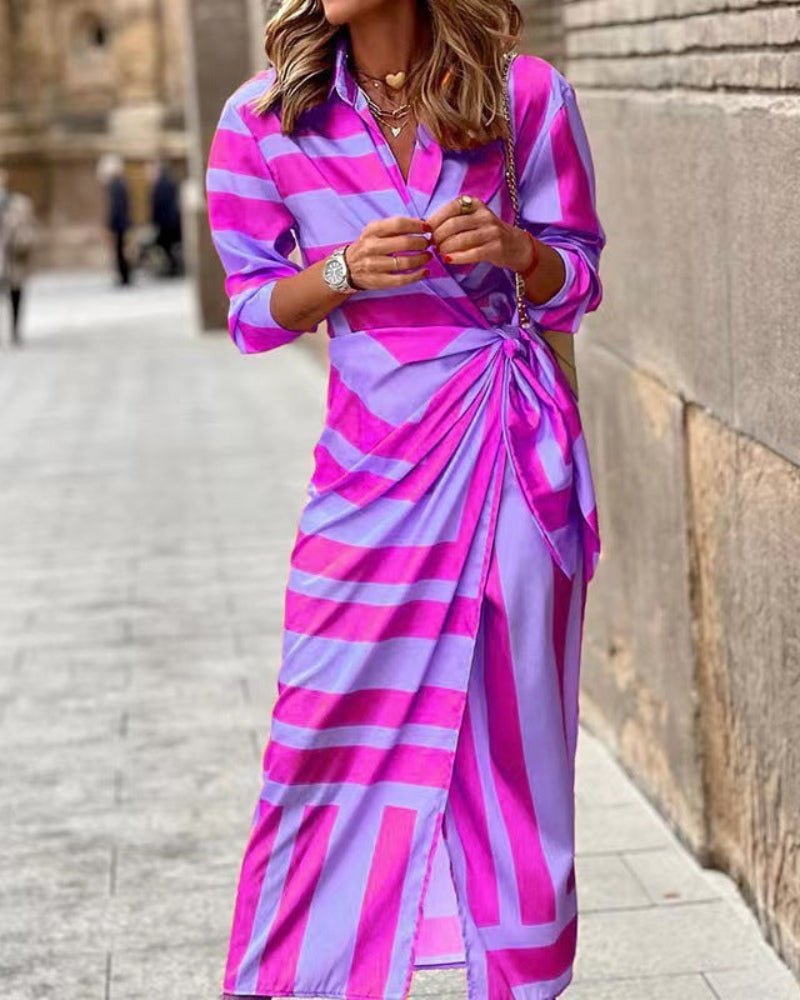 WOMEN'S COLLARED WRAP BELTED SUMMER MIDI DRESS - Zarino Newstyle