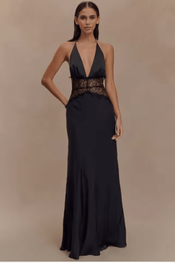 WOMEN'S DEEP PLUNGE HALTER NECK BACKLESS MAXI DRESS