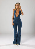 WOMEN'S DEEP V - NECK FLARED LEG DENIM JUMPSUIT - Zarino Newstyle