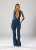WOMEN'S DEEP V - NECK FLARED LEG DENIM JUMPSUIT - Zarino Newstyle
