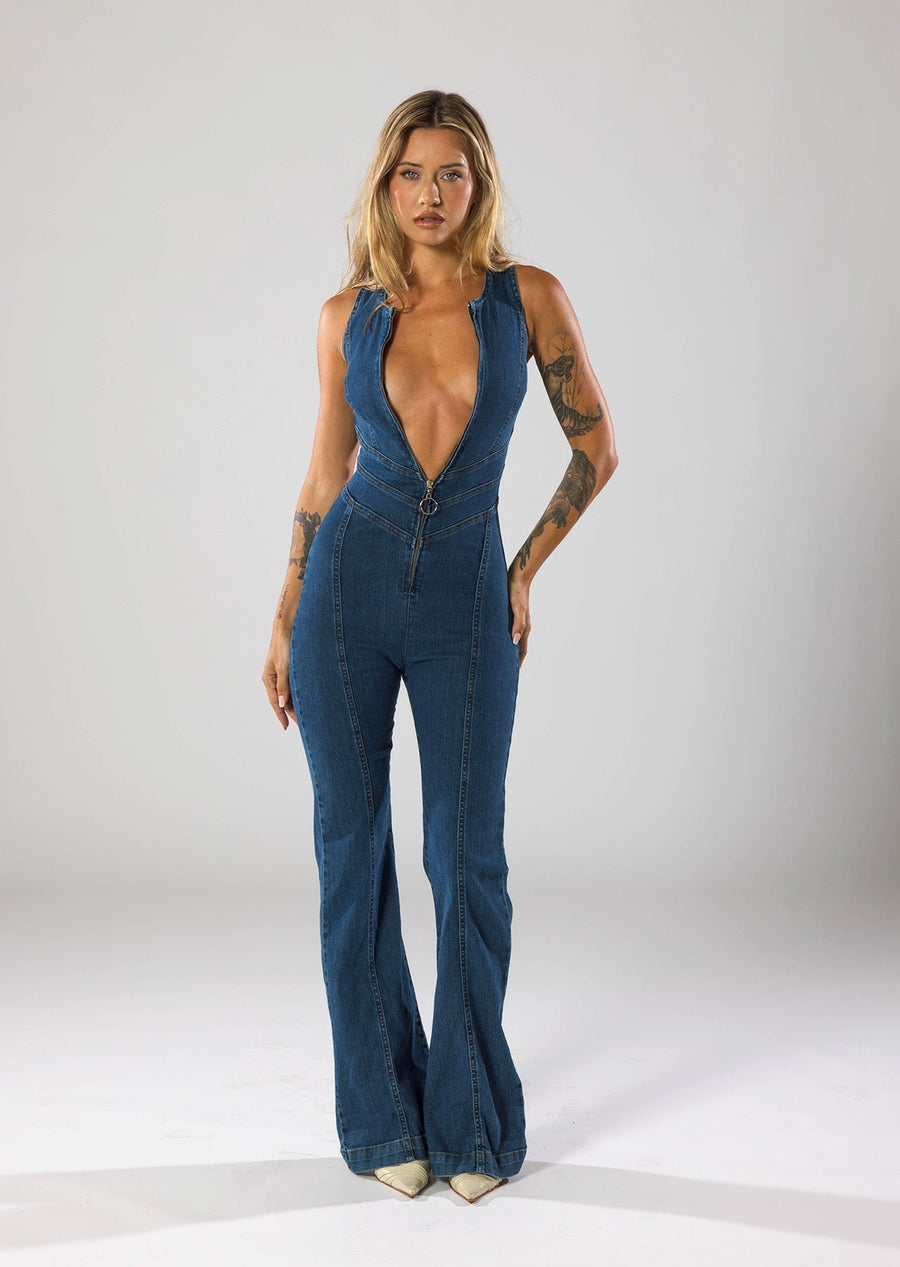 WOMEN'S DEEP V - NECK FLARED LEG DENIM JUMPSUIT - Zarino Newstyle