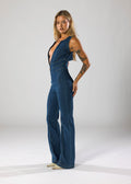 WOMEN'S DEEP V - NECK FLARED LEG DENIM JUMPSUIT - Zarino Newstyle