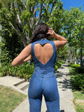WOMEN'S DEEP V - NECK FLARED LEG DENIM JUMPSUIT - Zarino Newstyle