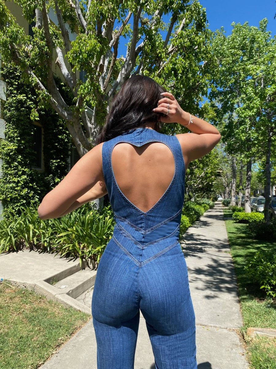 WOMEN'S DEEP V - NECK FLARED LEG DENIM JUMPSUIT - Zarino Newstyle