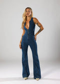 WOMEN'S DEEP V - NECK FLARED LEG DENIM JUMPSUIT - Zarino Newstyle