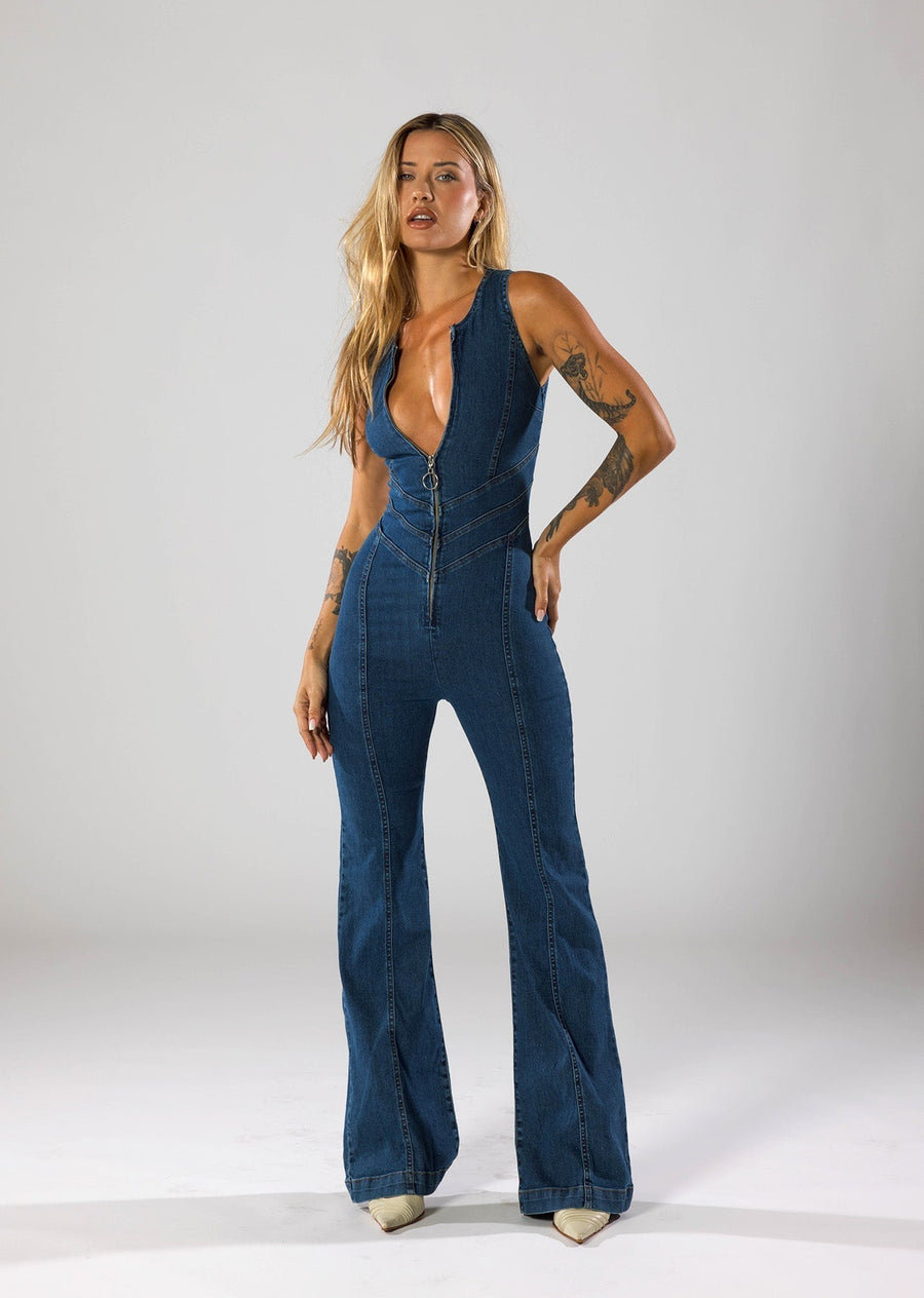 WOMEN'S DEEP V - NECK FLARED LEG DENIM JUMPSUIT - Zarino Newstyle