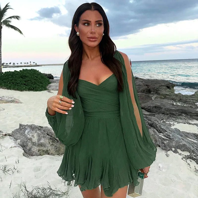 WOMEN'S DEEP V - NECK RUFFLE A - LINE MINI DRESS - Zarino Newstyle
