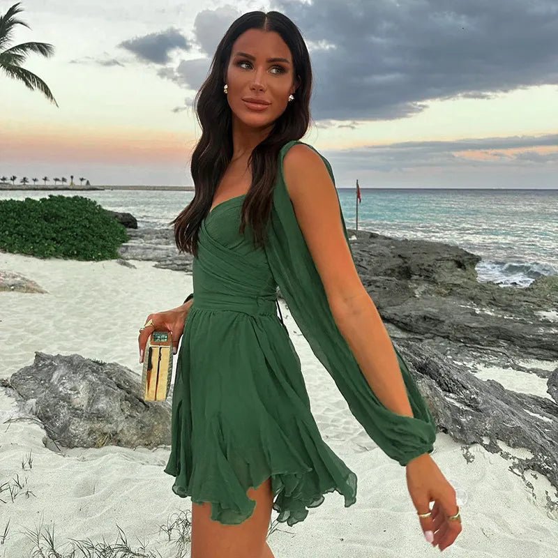 WOMEN'S DEEP V - NECK RUFFLE A - LINE MINI DRESS - Zarino Newstyle